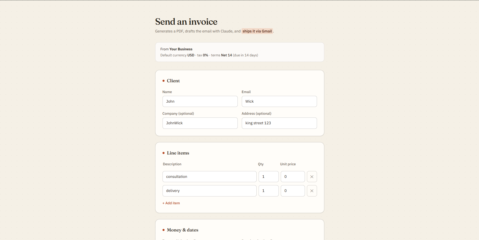 Invoice Automation — form-based frontend for creating an invoice