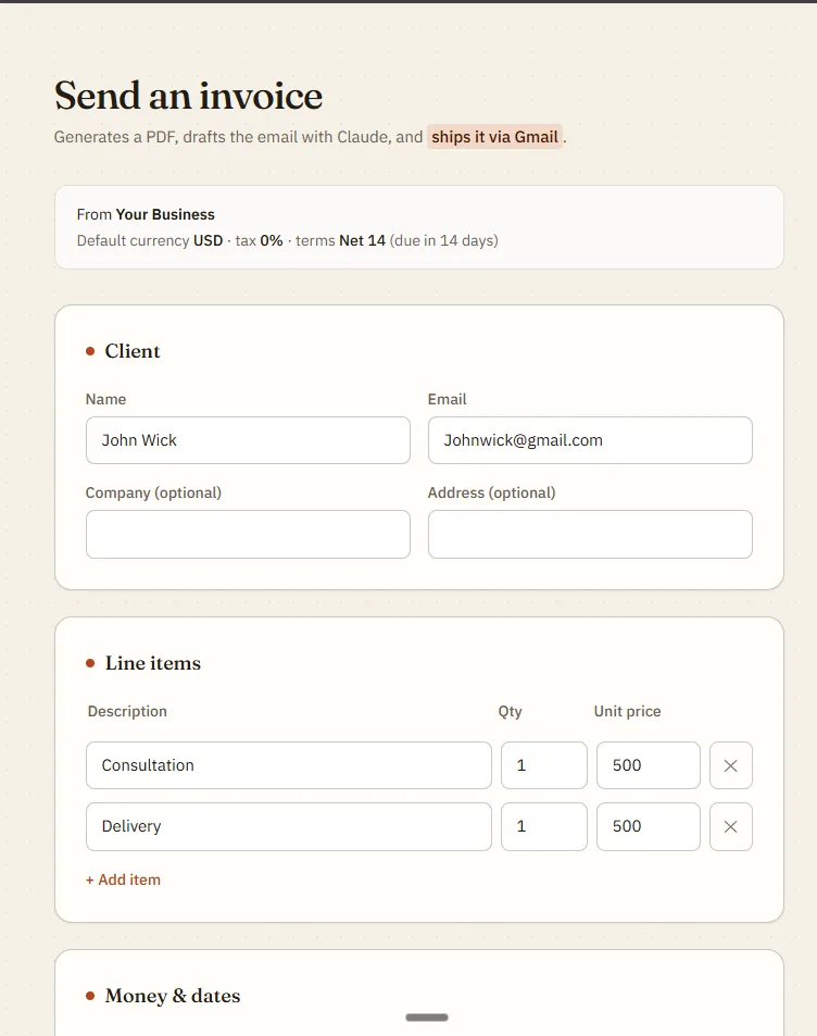 Invoice Automation — form-based frontend for creating an invoice