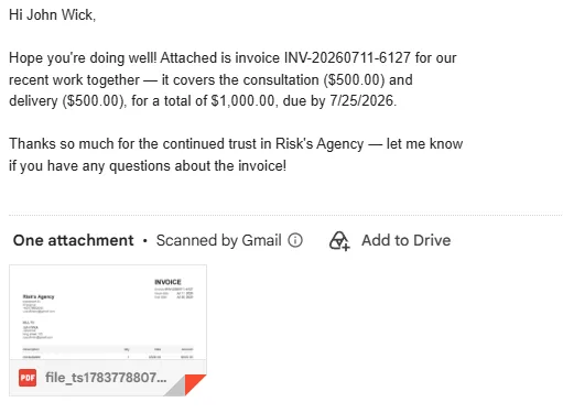 Invoice Automation — the delivered email with the invoice PDF attached