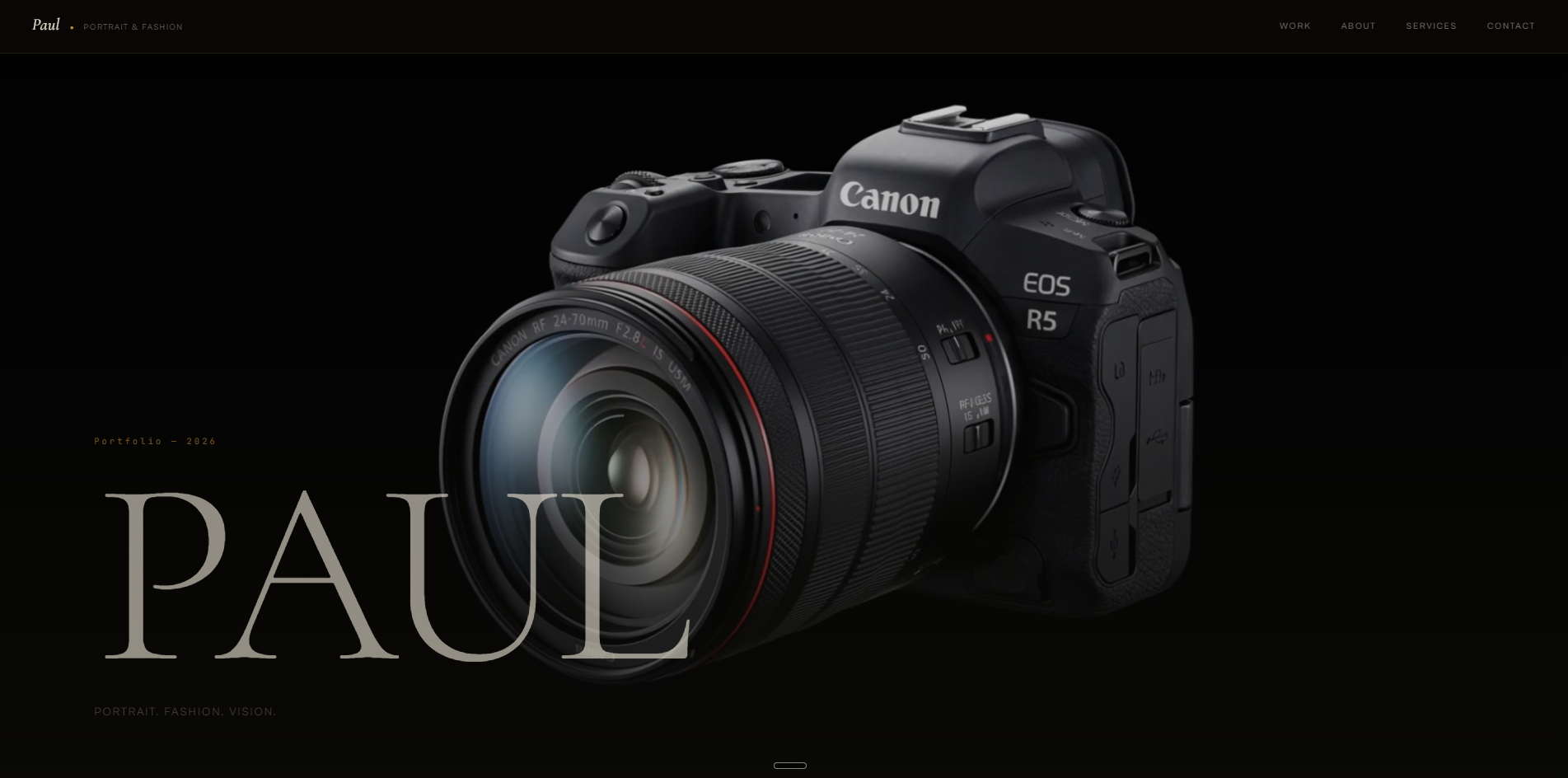 Paul Photographer site — hero with deconstructing-lens scroll effect