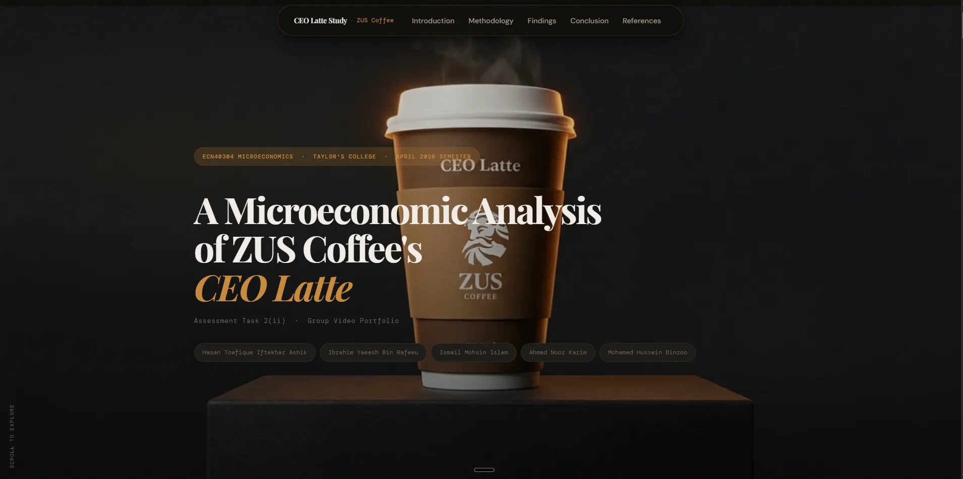 CEO Latte Study — university microeconomics presentation site with video hero